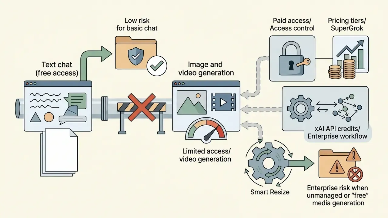 Flowchart showing free text chat versus restricted paid access for media generation and enterprise risk