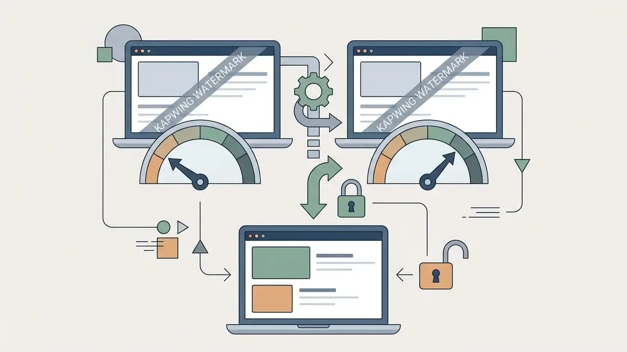 Laptops with watermarked screens connecting through gears and locks to a clean final project interface