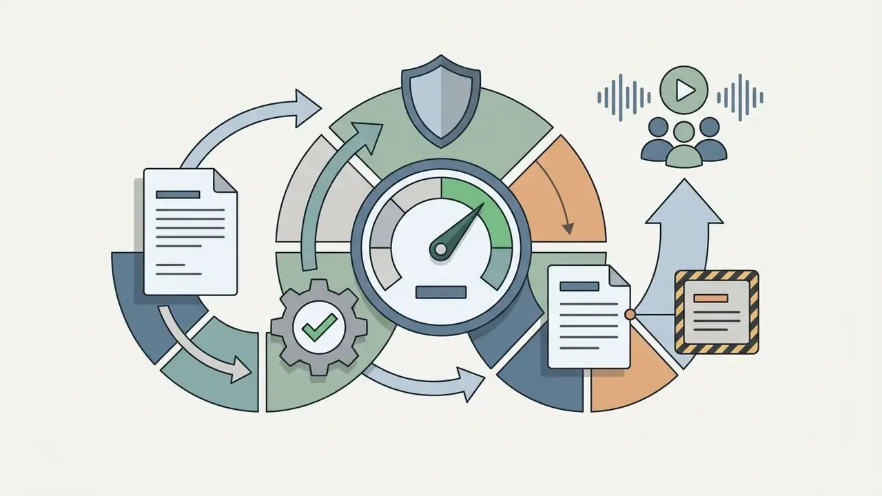 Speedometer and shield icons integrated into a circular workflow with documents and risk warning symbols