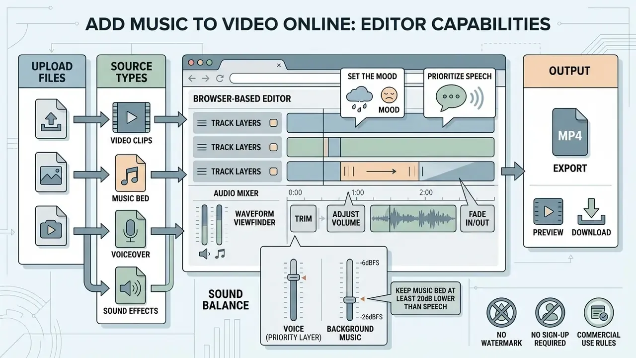 Infographic showing the workflow of a browser-based editor to mix video, voiceovers, and background music