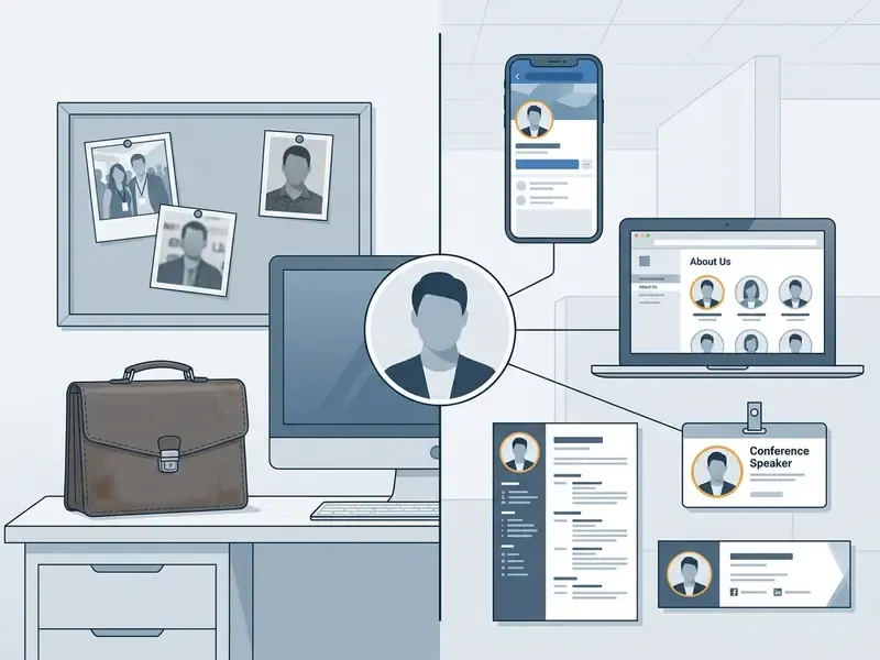 Split view showing a professional headshot applied to social media profiles, resumes, and ID badges