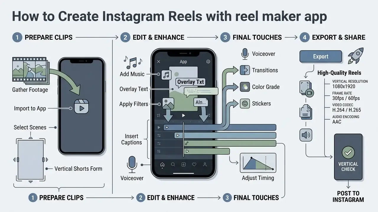 Step-by-step workflow for creating Instagram Reels using a mobile video editing app
