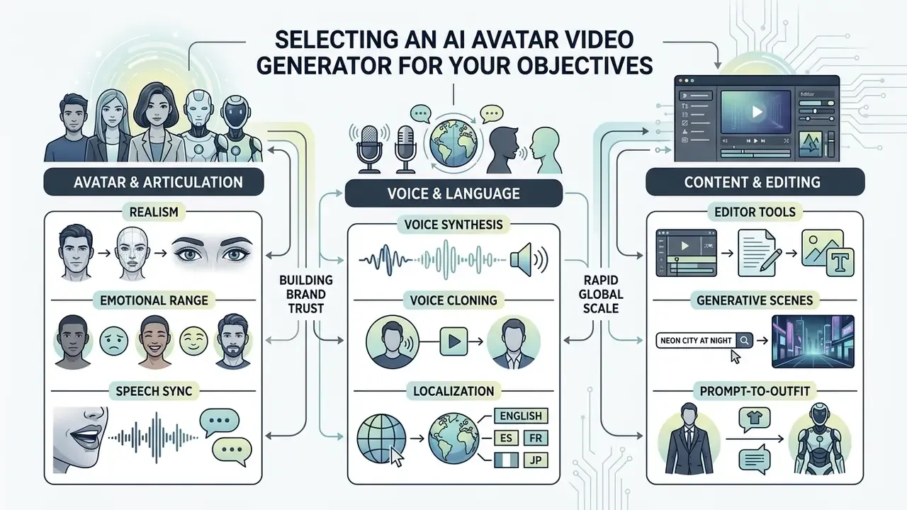 Diagram mapping key features like avatar realism, voice synthesis, and editing tools for video creation