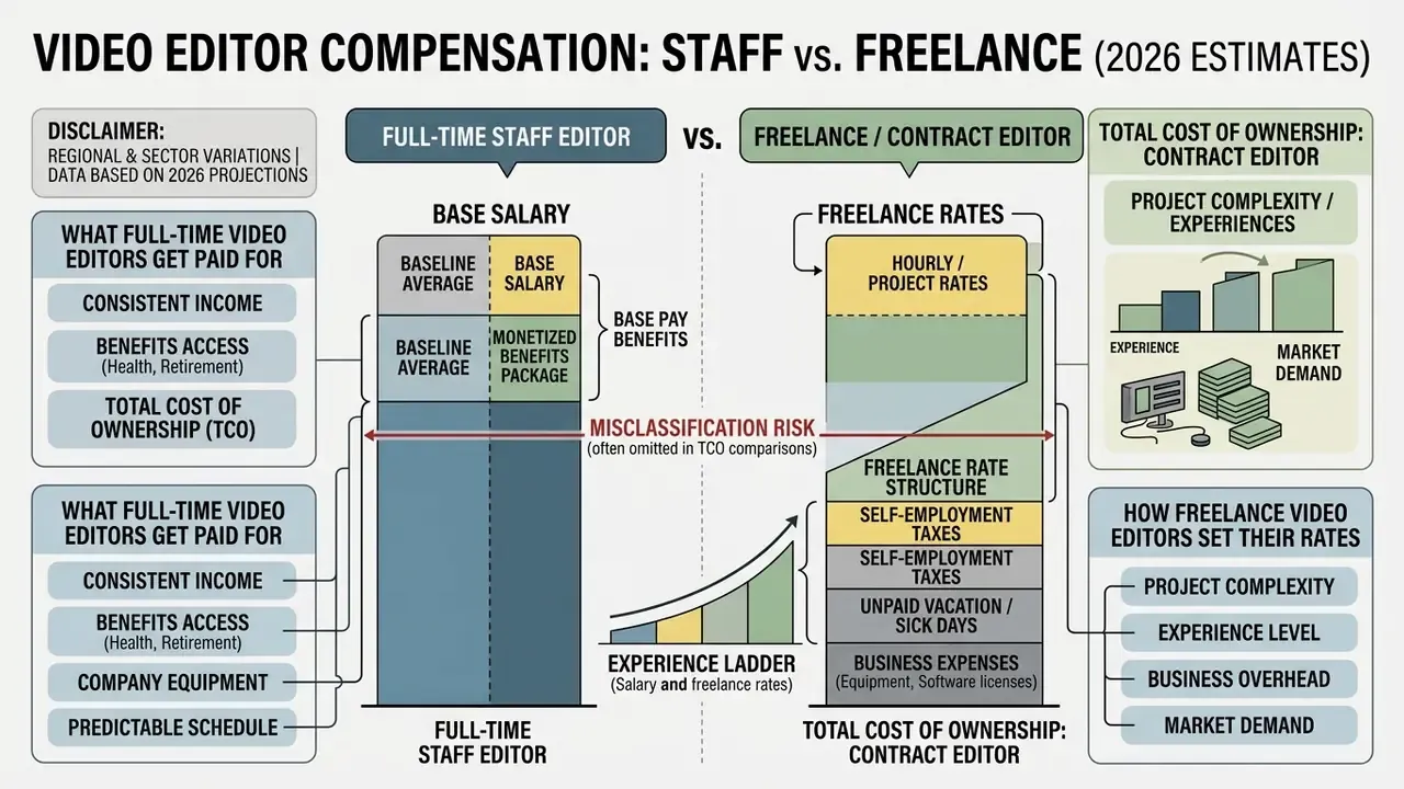 Comparison infographic detailing compensation components and cost factors for staff versus freelance video editors