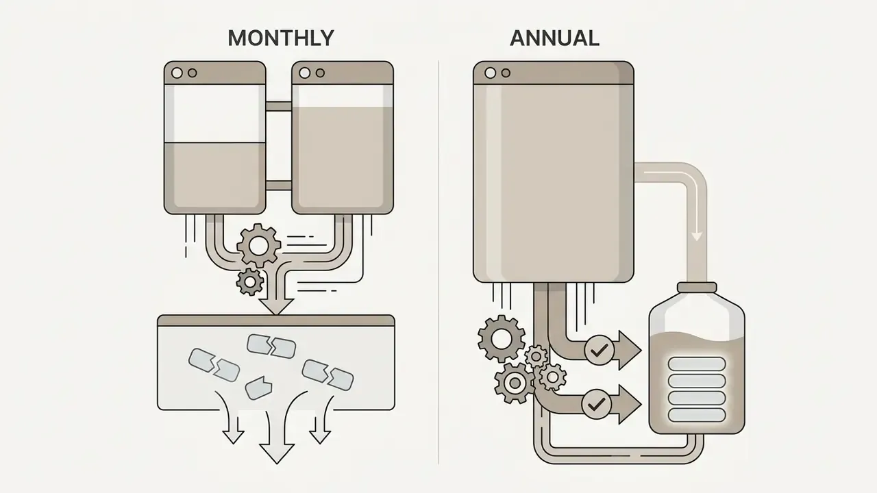 Comparison of monthly and annual subscription flows showing expiring versus retained minute pools