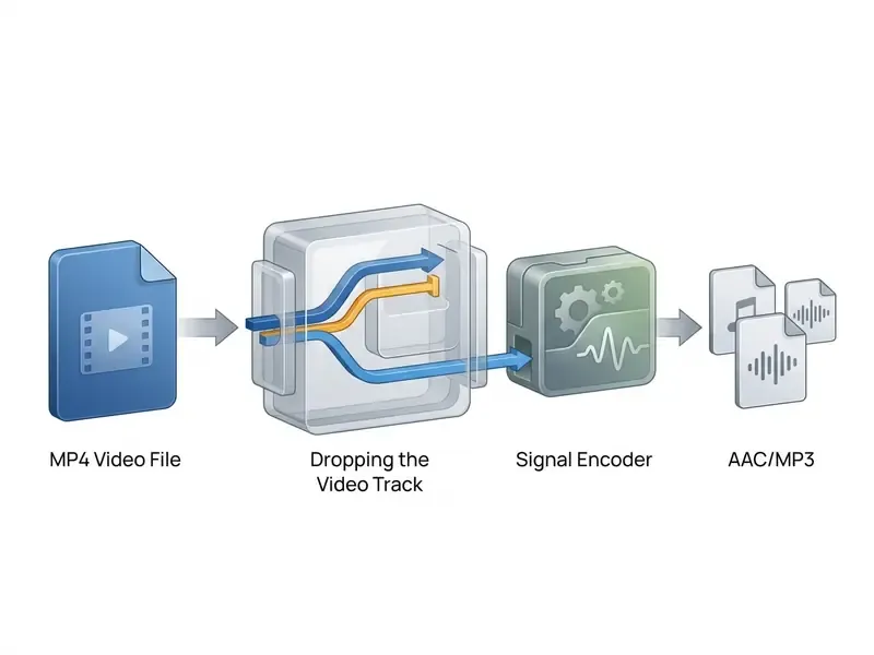 Flowchart showing an MP4 file being demuxed to drop the video track and encode audio into AAC or MP3 formats