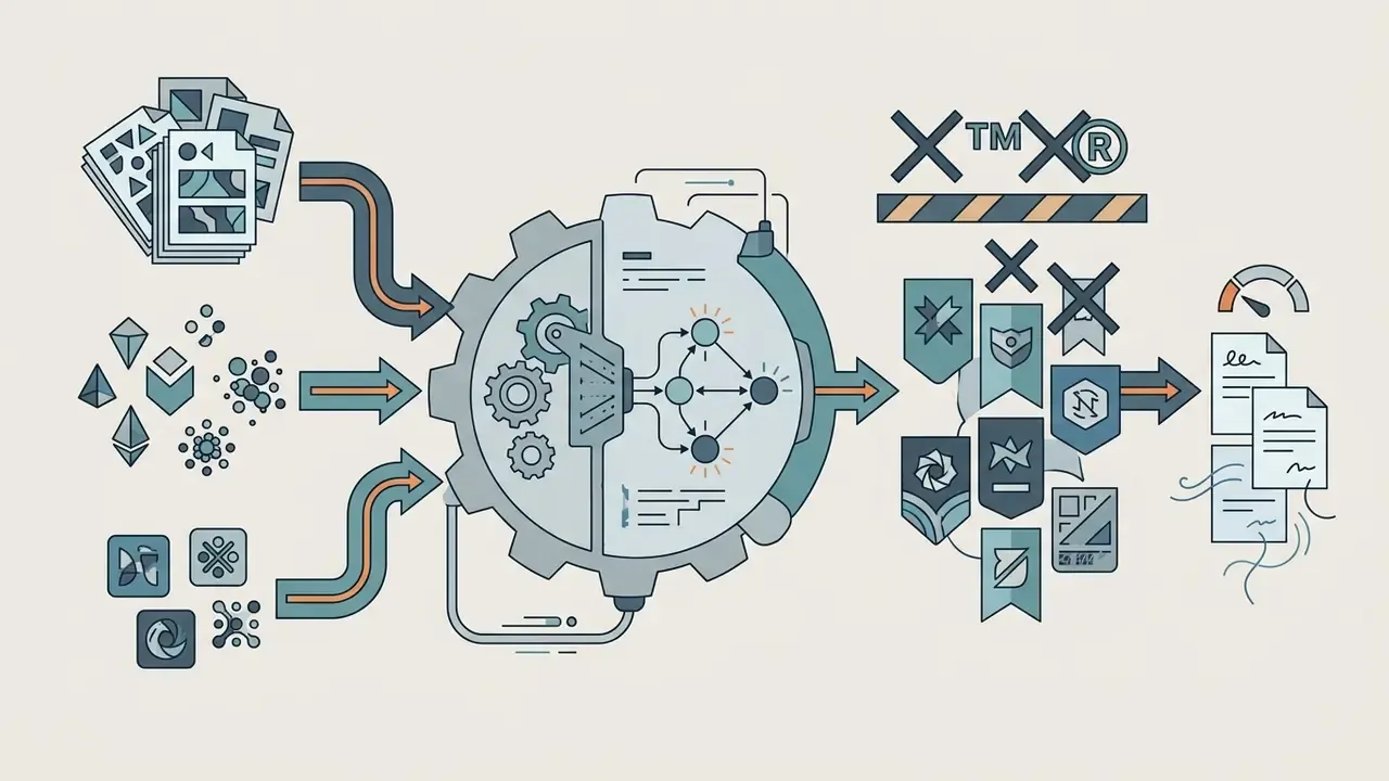 Diagram showing how a video game name generator processes inputs into title candidates and legal checks