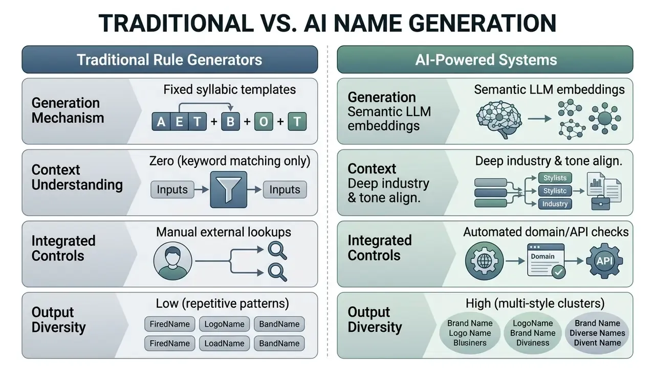 Comparison table contrasting traditional rule-based name generators with modern AI-powered systems