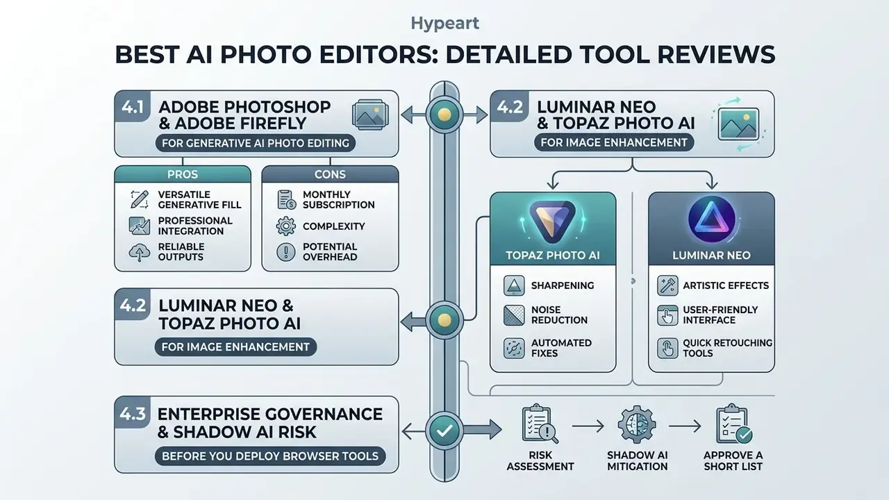 Summary chart comparing generative AI software, image enhancement tools, and enterprise governance steps
