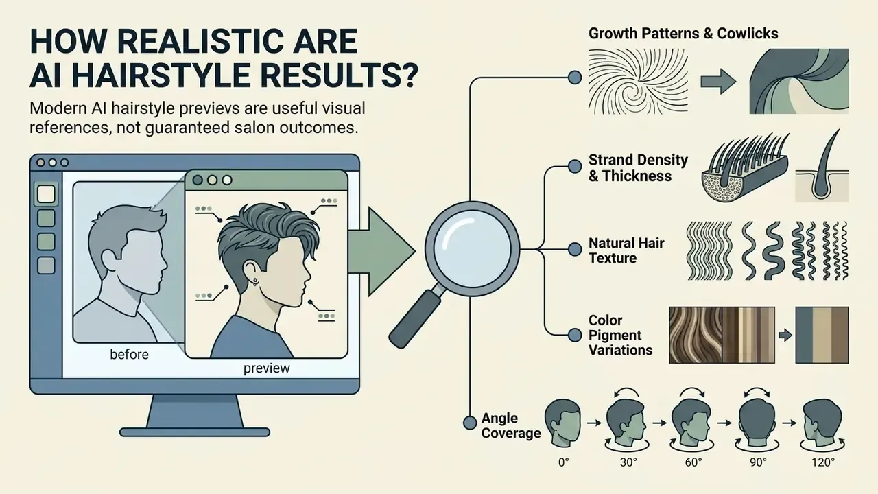 Diagram showing factors like hair texture and growth patterns that influence virtual hairstyle accuracy