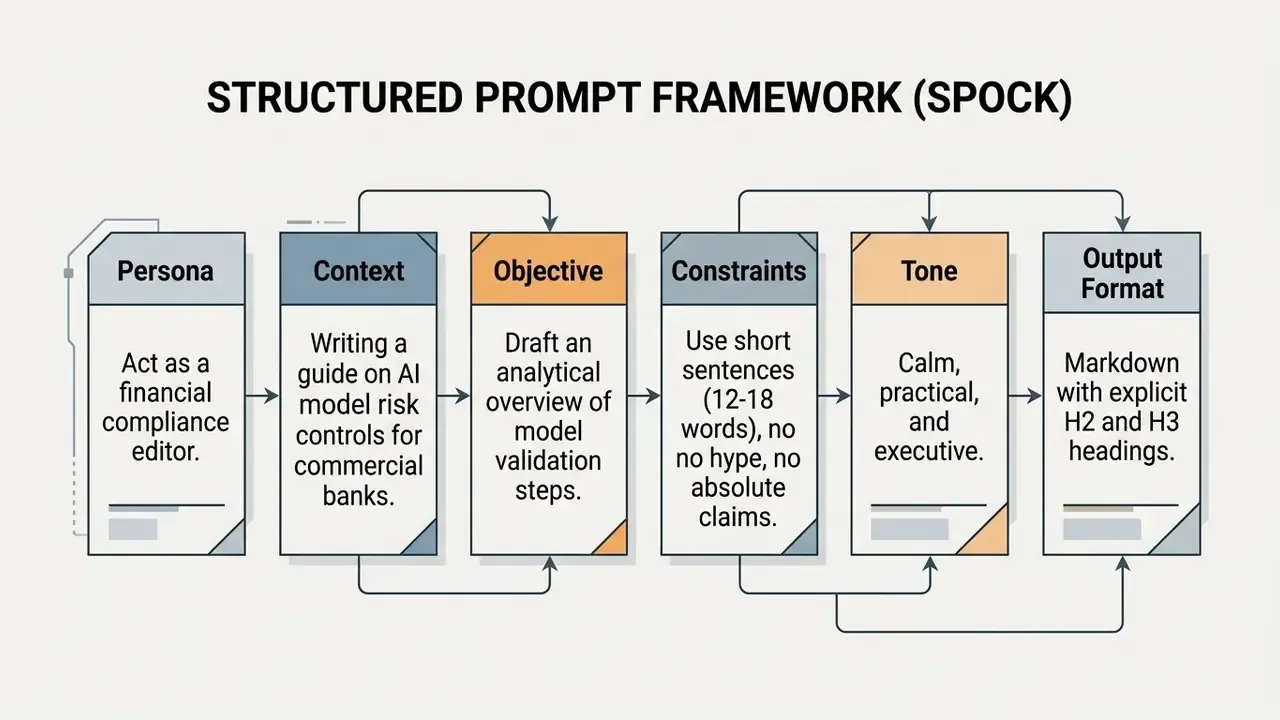 Flowchart detailing prompt engineering steps for persona, context, objective, constraints, tone, and format