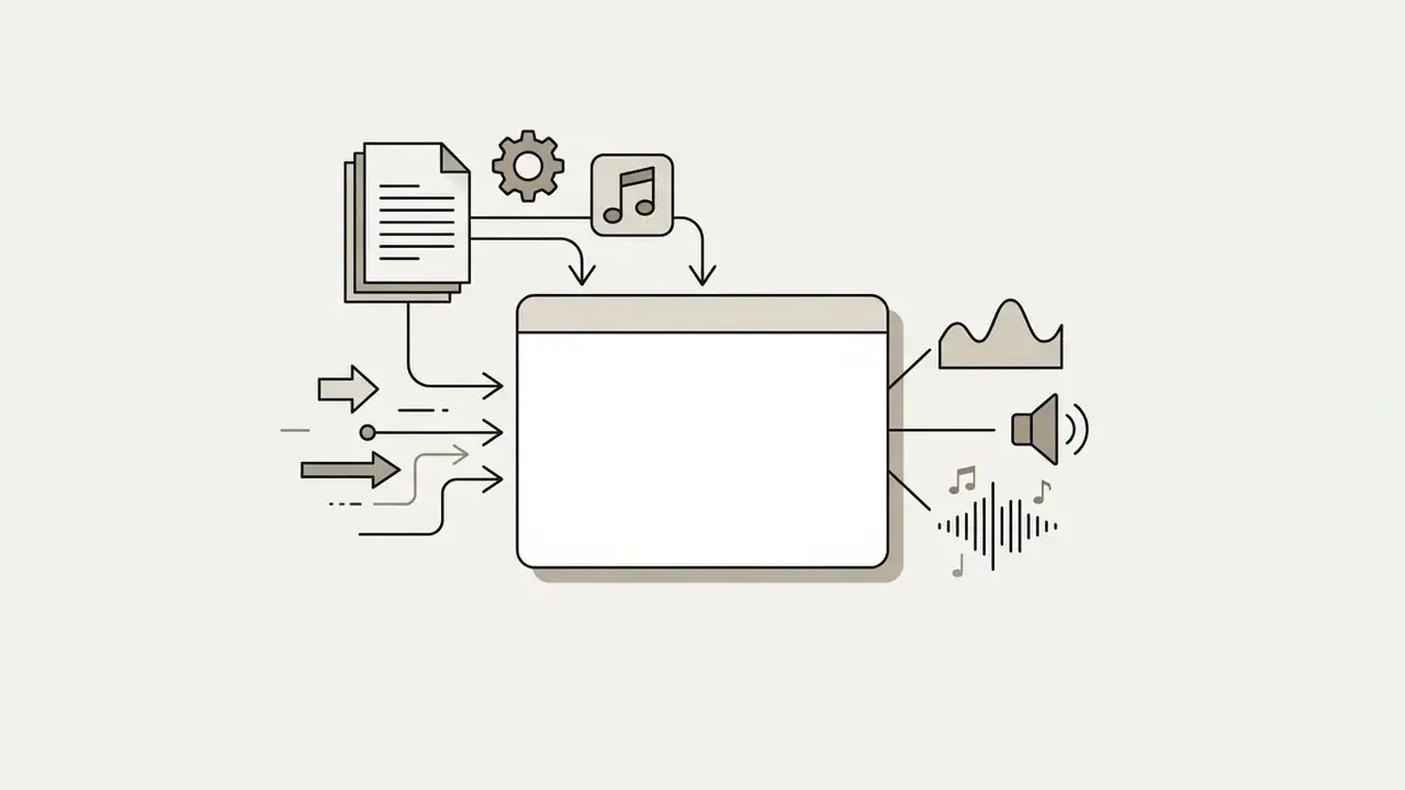 Central window receiving document and music icons with arrows leading to output wave and speaker symbols
