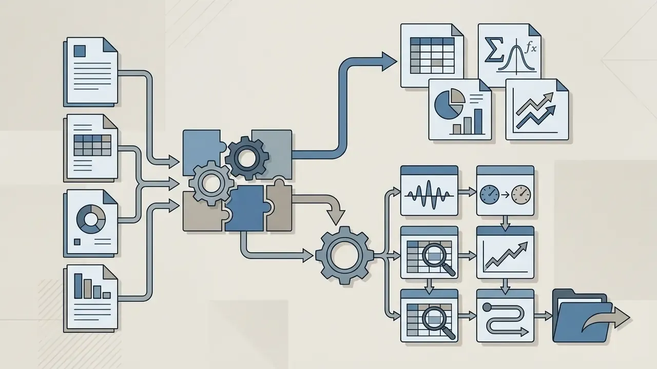 Inputs flowing through puzzle gears into spreadsheets, audit logs, and validated tracking folders