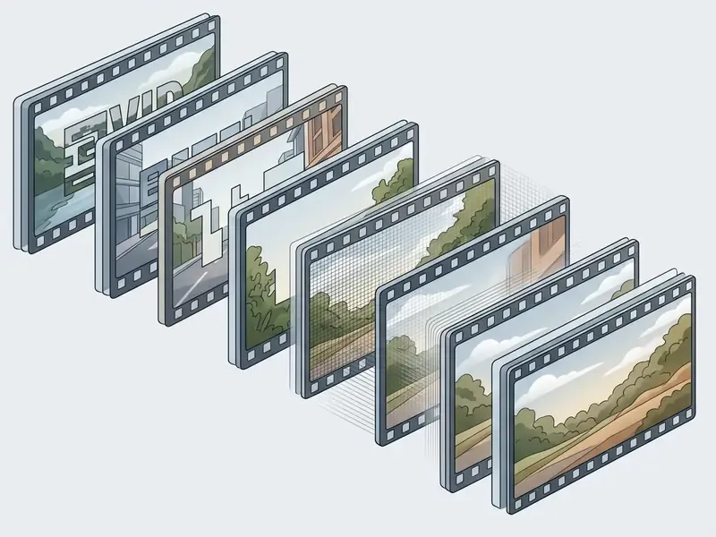 Sequence of film frames showing the progressive removal of text and reconstruction of the landscape background