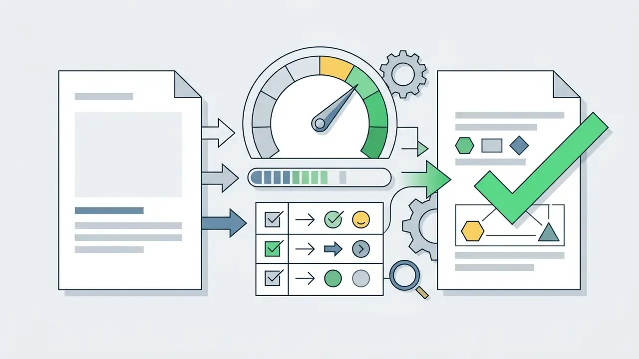 File passing through a speedometer, progress bar, and checklist to emerge as a verified final report