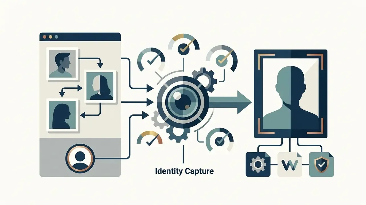 Multiple profile photos feeding into a central gear and lens processor to generate a unified portrait