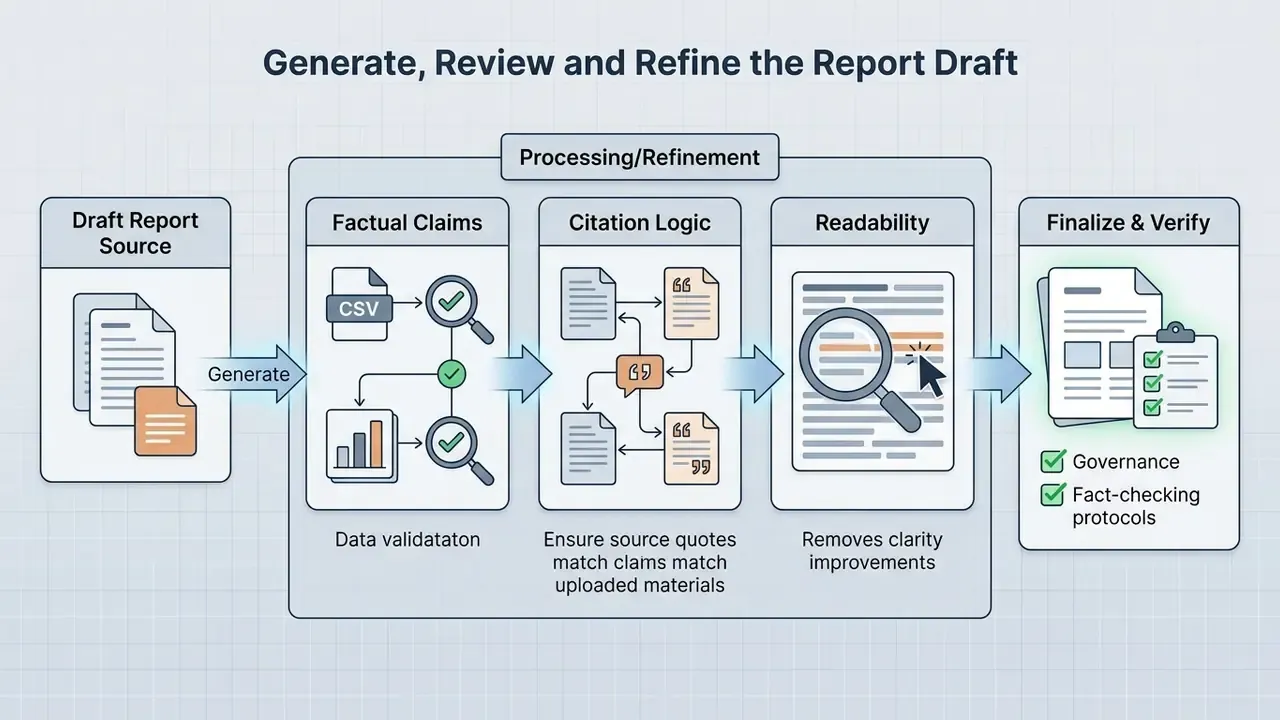 Workflow for an AI report generator showing data validation, citation logic, and readability refinements