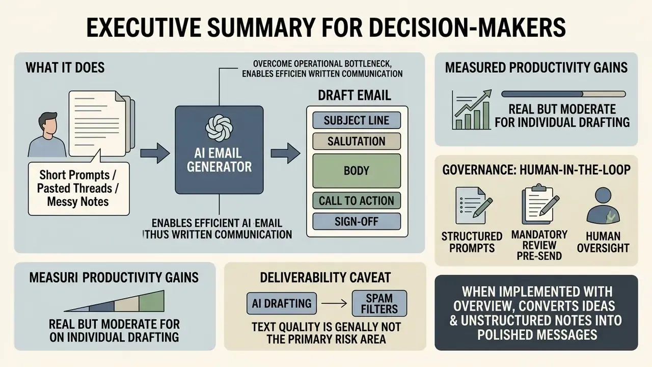 Diagram showing an AI email generator converting user notes into structured email drafts with governance
