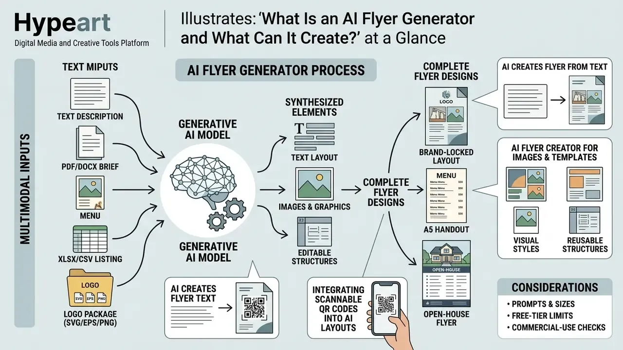 Infographic showing how generative AI models process text and files to create custom flyer designs