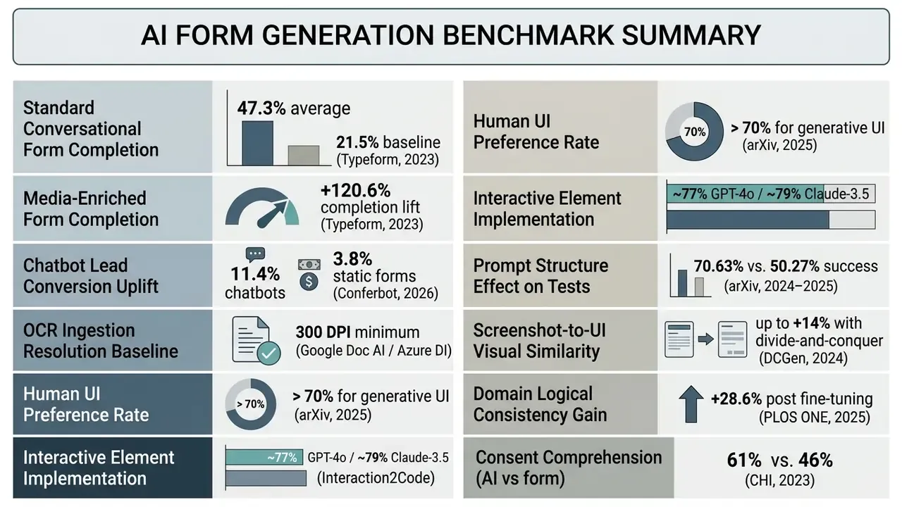 Table summarizing empirical performance metrics for conversational and generative web form technologies