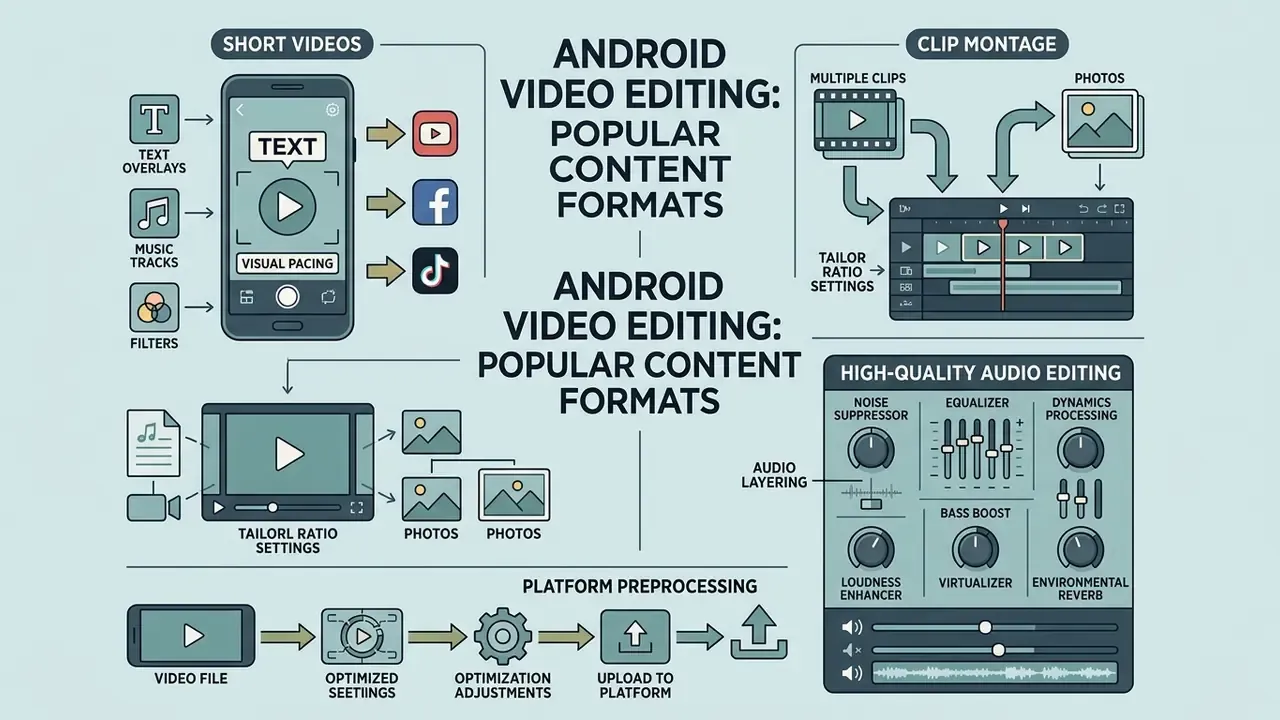 Infographic detailing mobile production workflows including short video creation and audio processing tools