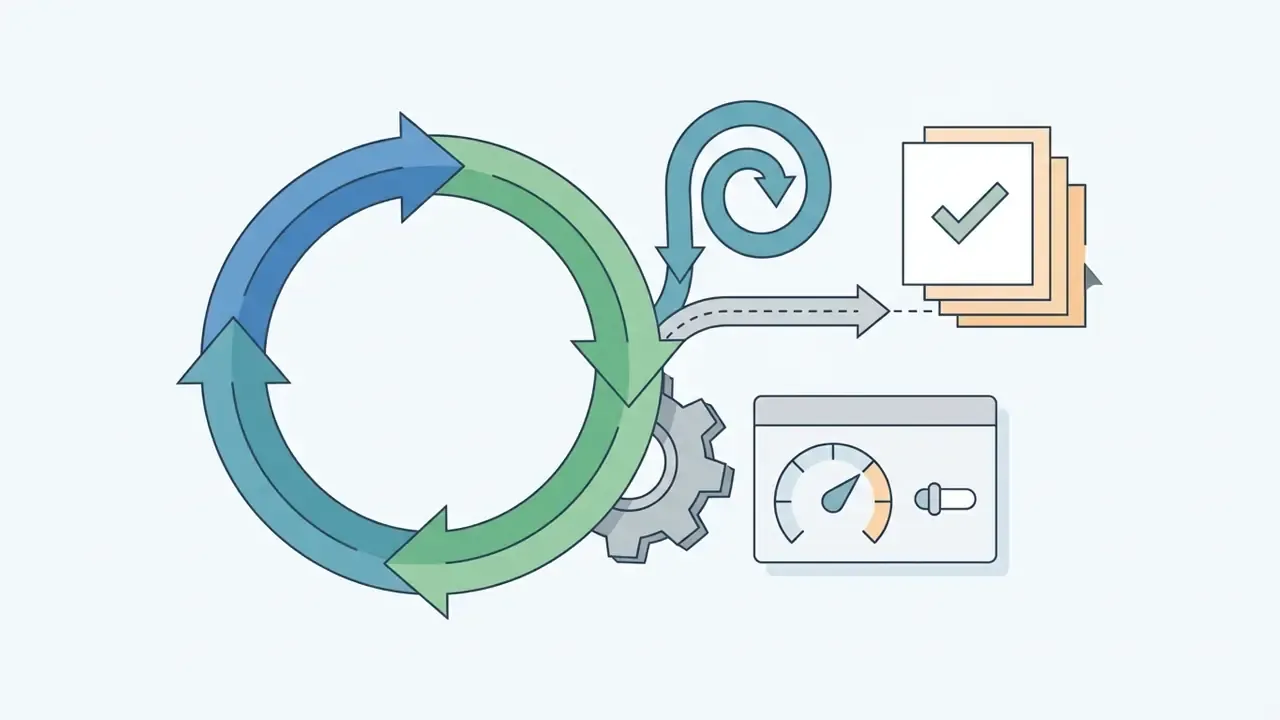 Circular arrow path leading to a gear and a control panel with a gauge for adjusting loop iterations