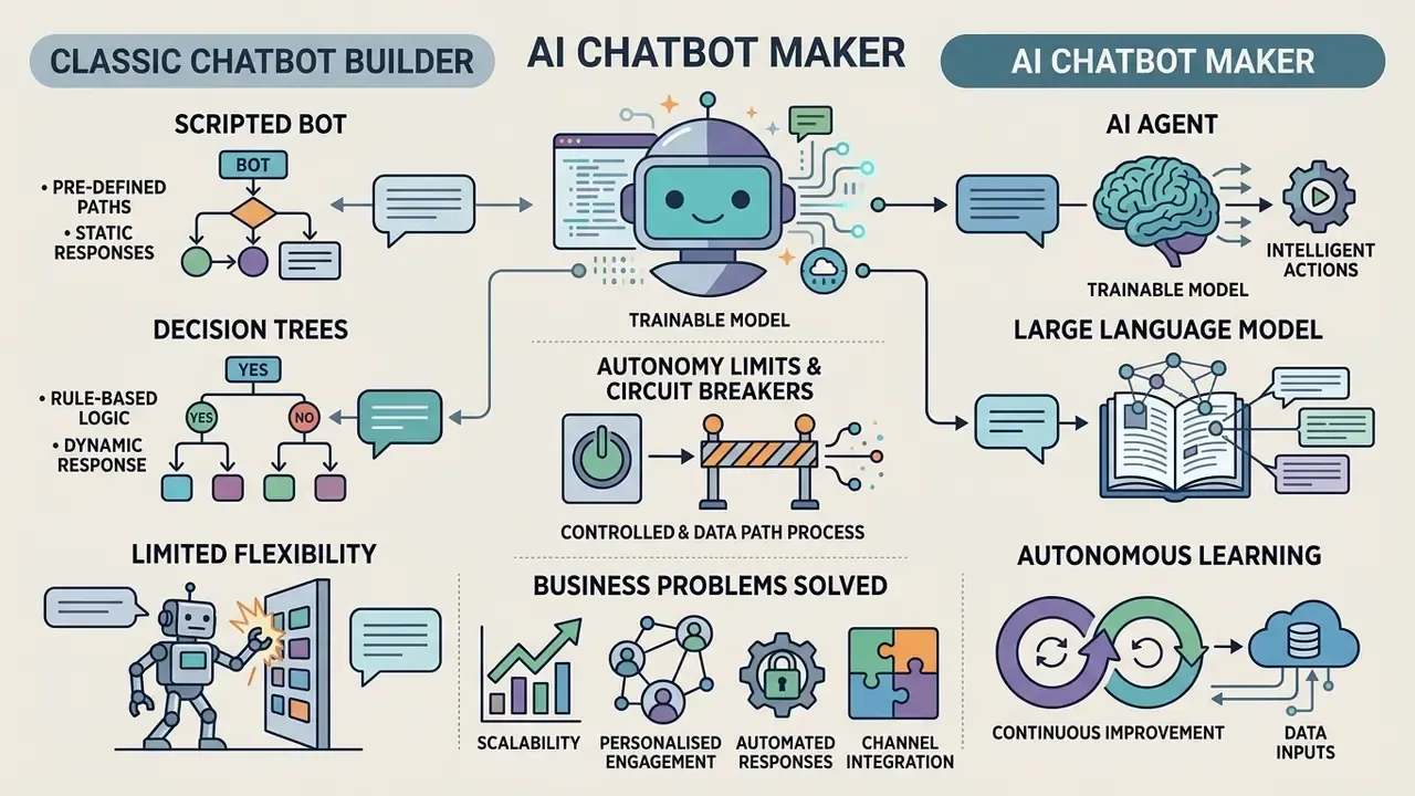 Infographic comparing classic scripted chatbot builders with an AI chatbot maker and its capabilities