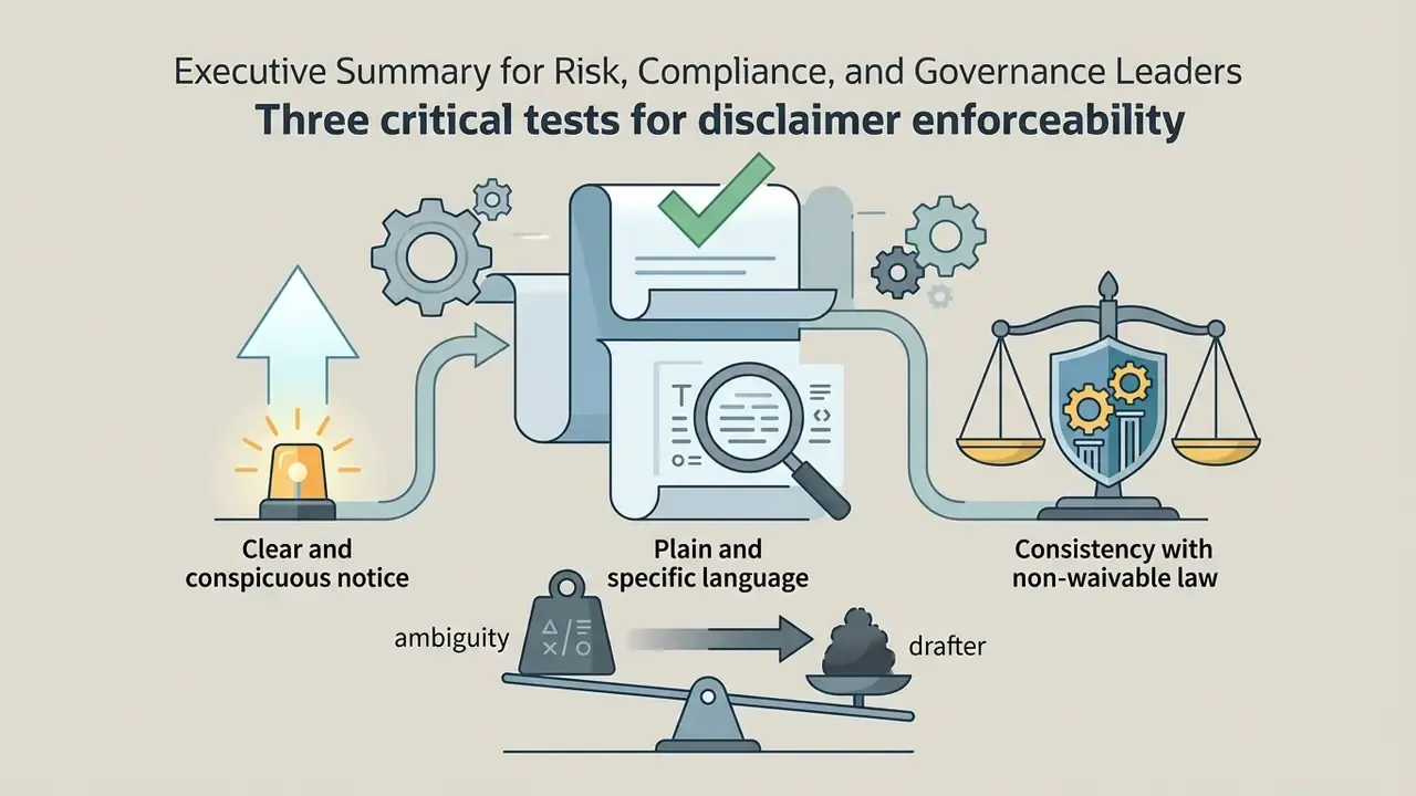 Diagram showing three legal tests for enforceability represented by a warning light, document, and scales