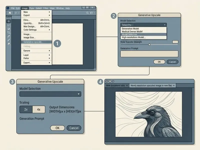 Four-step interface guide showing the Generative Upscale process in Photoshop