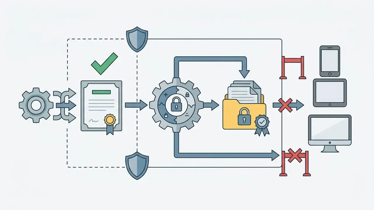 Gear and document icons feeding a locked folder while blocking direct transfers to personal user devices