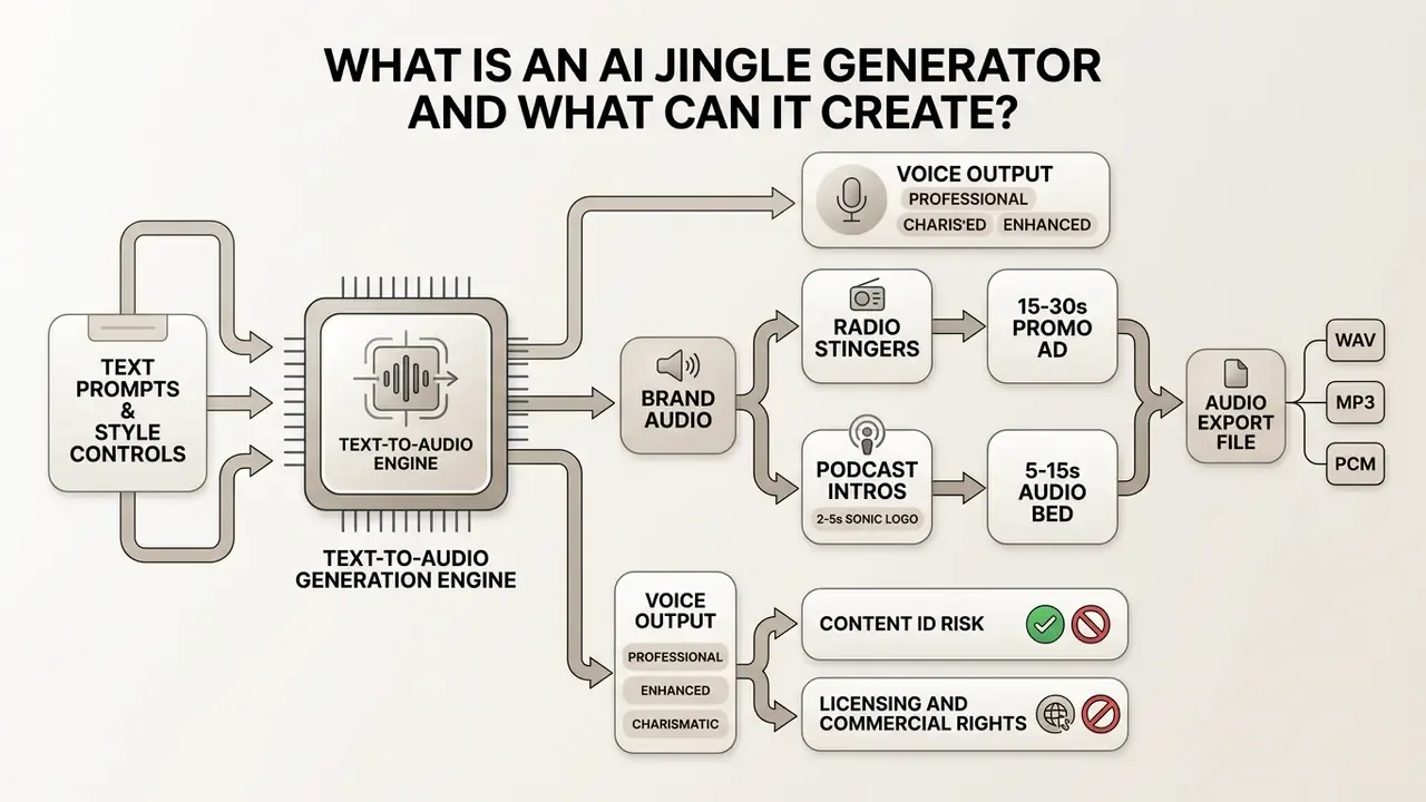 Flowchart showing how an AI jingle generator processes text prompts into various audio file formats