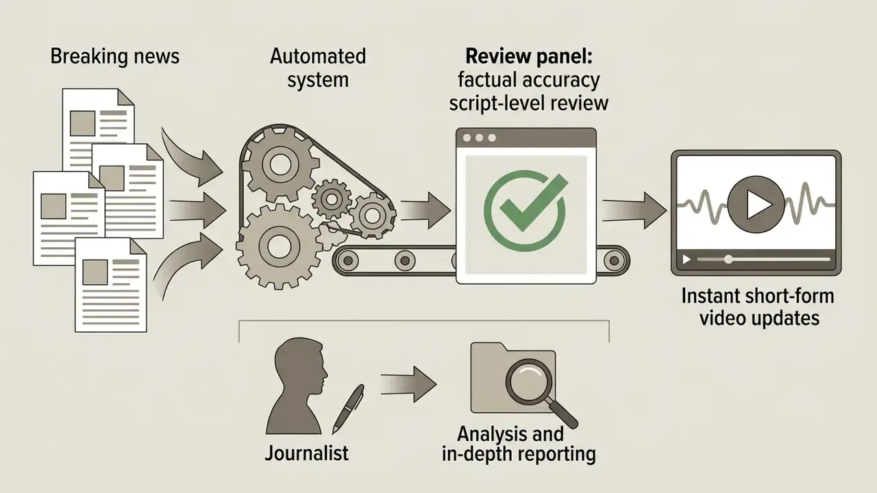 News feeds processed through an automated system with human review to generate short-form video updates