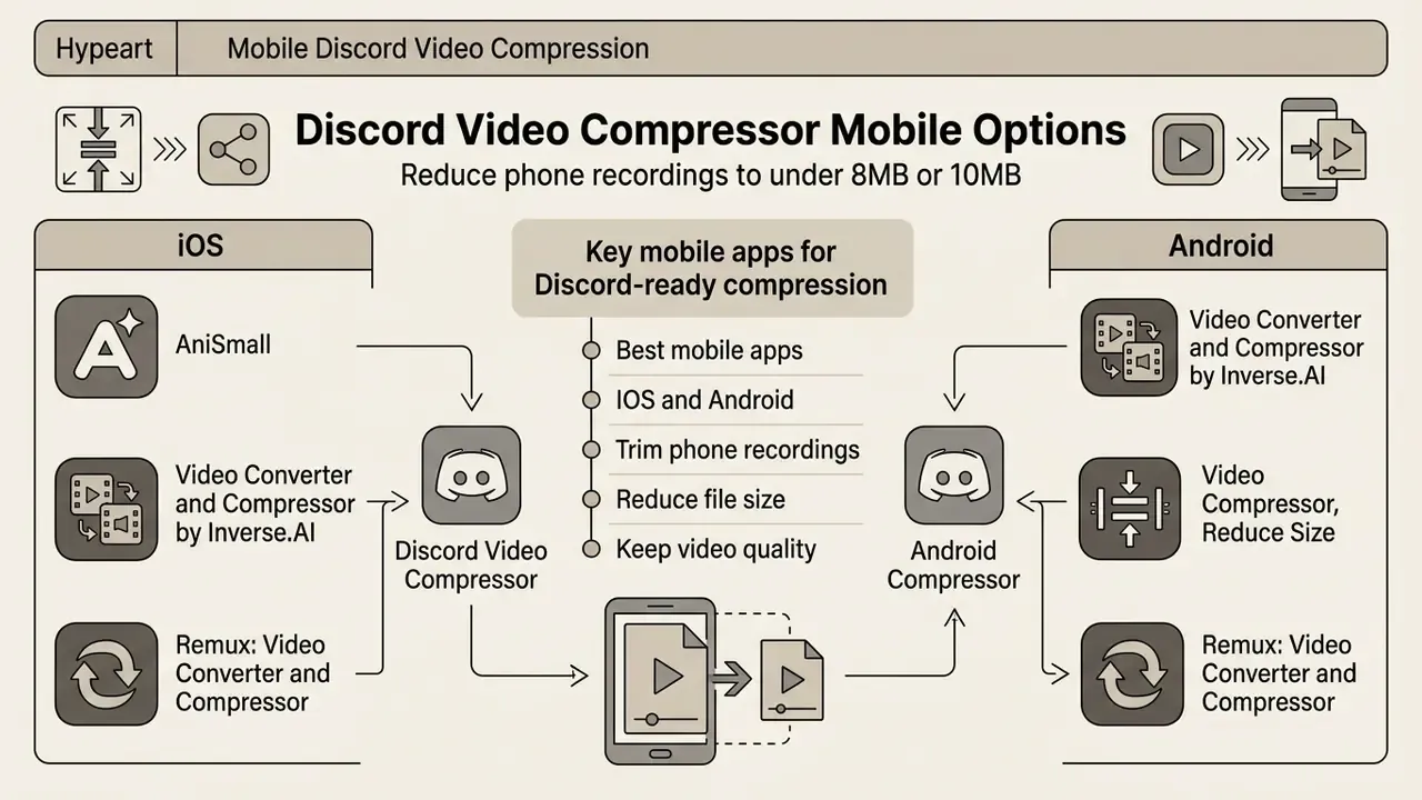 Infographic listing recommended mobile apps for compressing video files on iOS and Android for Discord