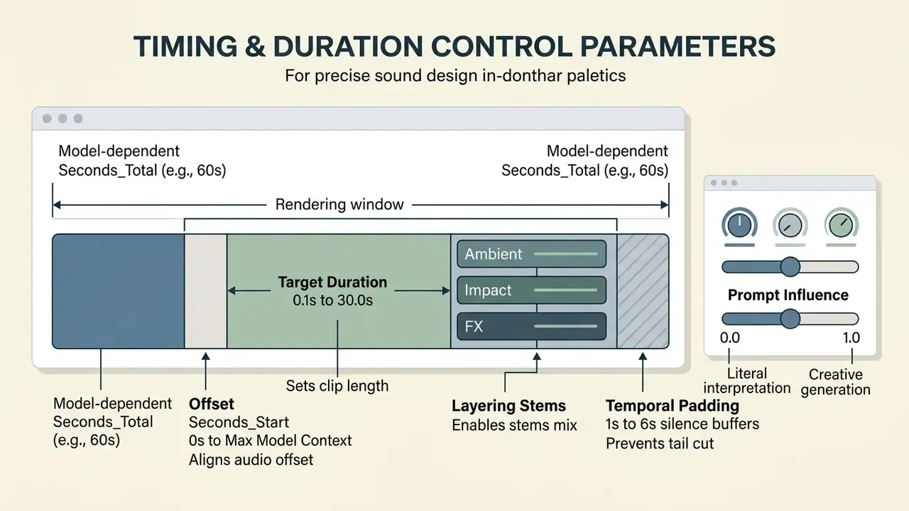Diagram illustrating audio rendering windows, layering stems, and prompt influence control settings
