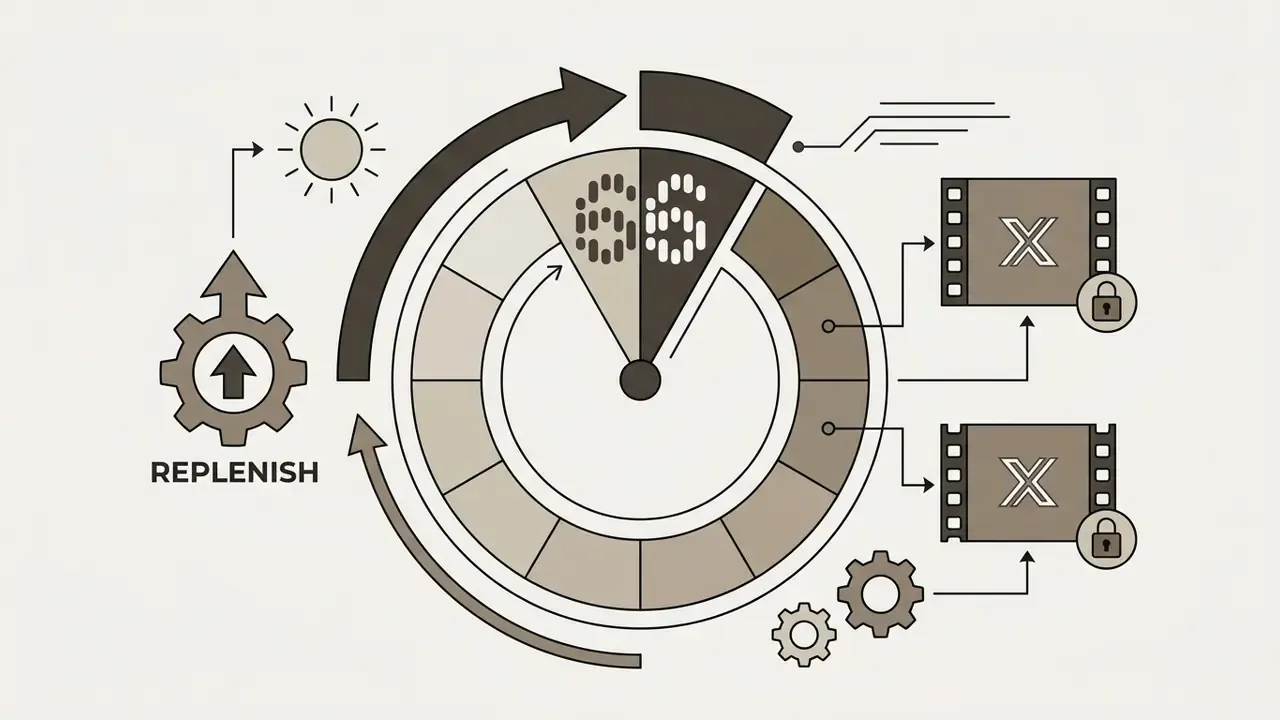 Circular gauge showing daily credit replenishment for producing restricted AI video clips