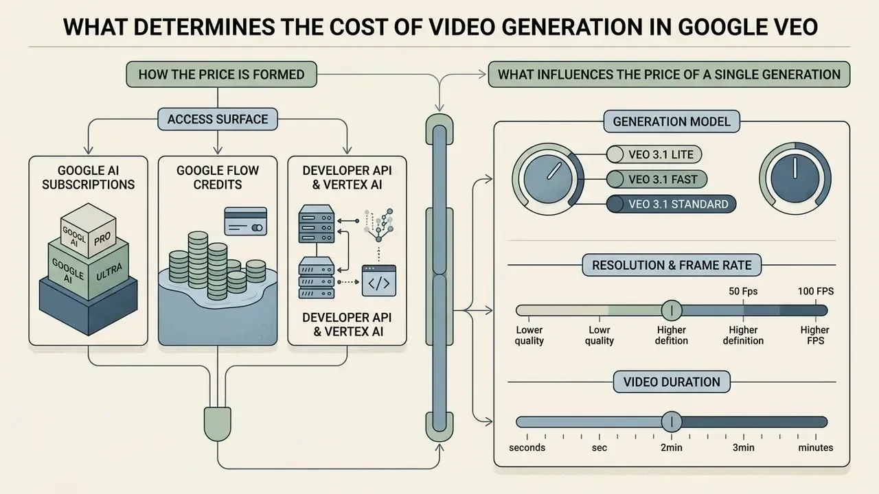 Infographic showing how access methods, generation models, and settings impact Google Veo video pricing