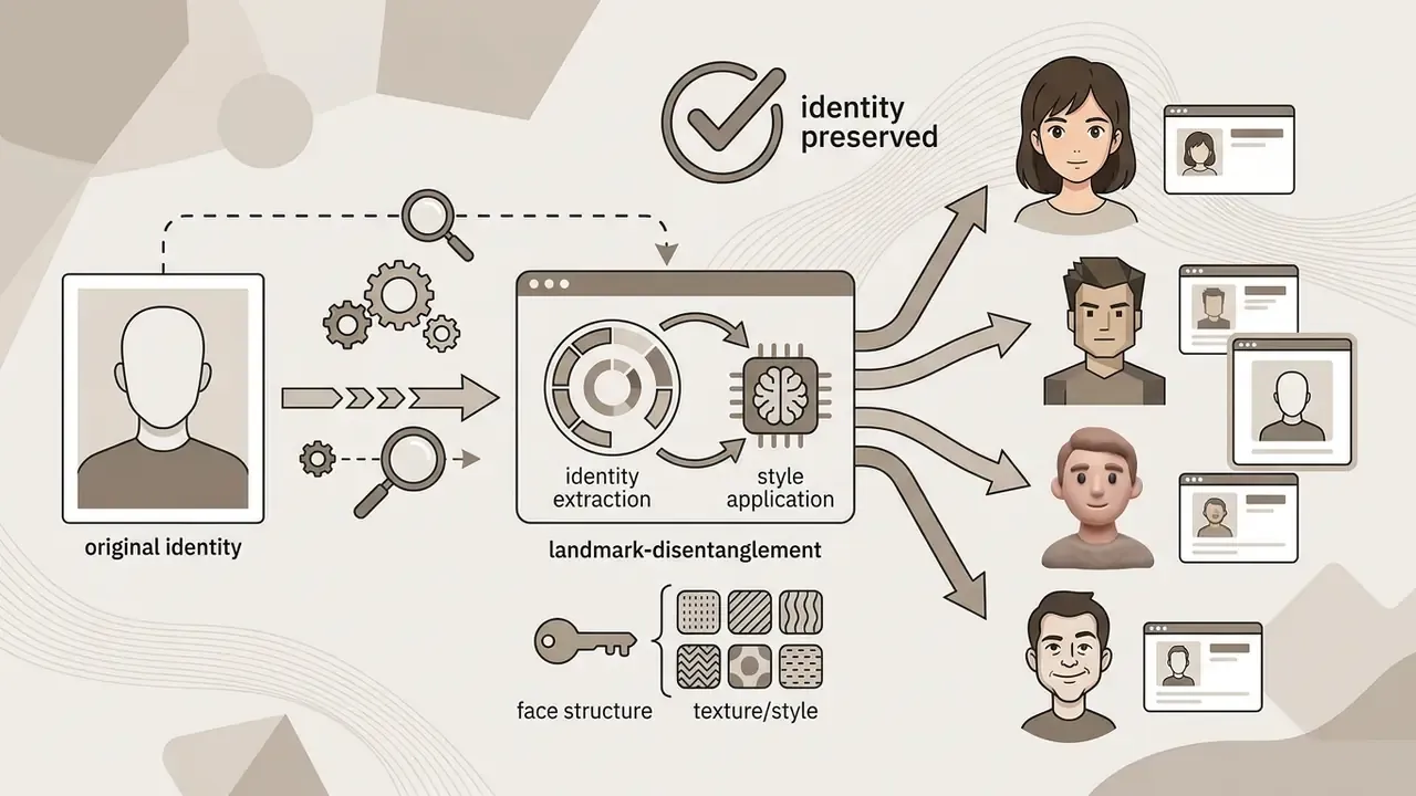 Technical diagram showing how landmark-disentanglement modules separate identity from artistic style