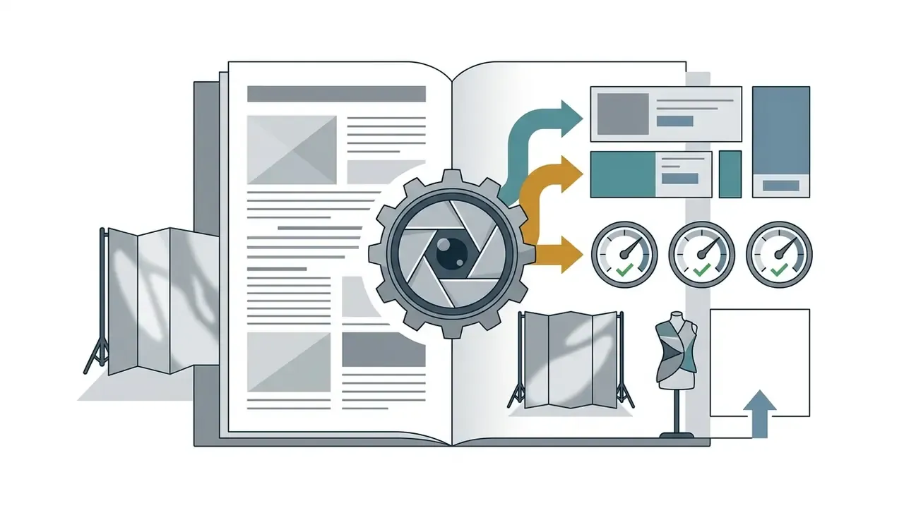 Open book with a camera lens gear icon transforming fashion studio assets into digital banner layouts