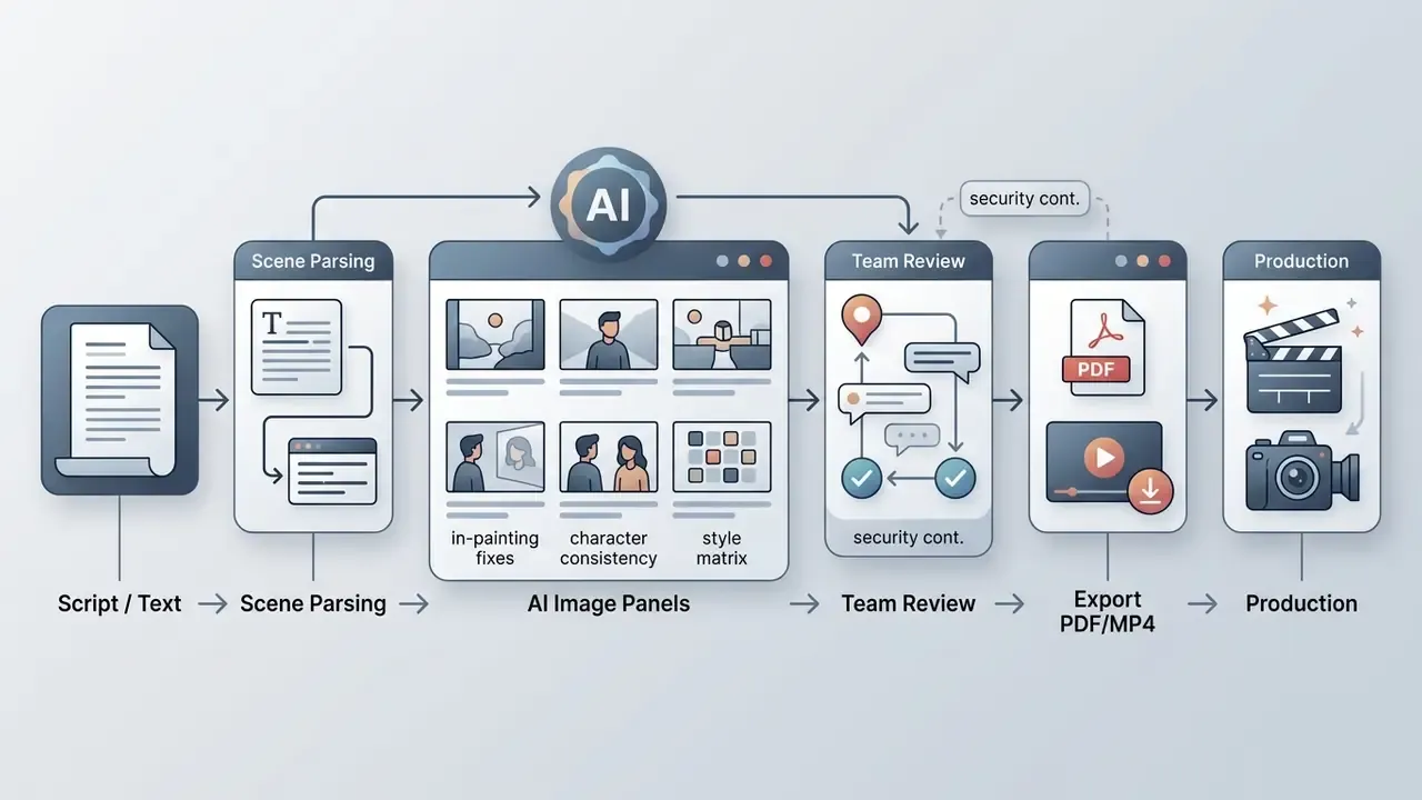 Flowchart illustrating the progression from script input to AI image generation, team review, and final export