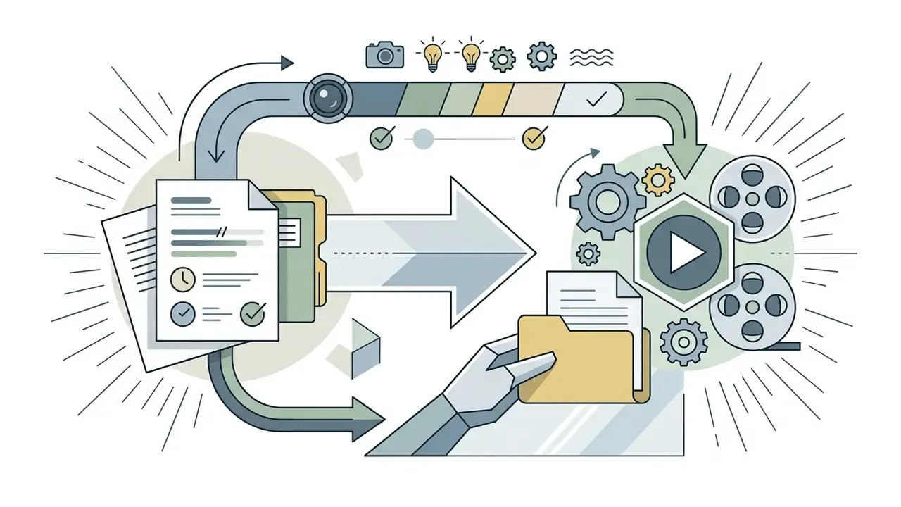 Documents and creative assets moving through a circular workflow toward a video production hub