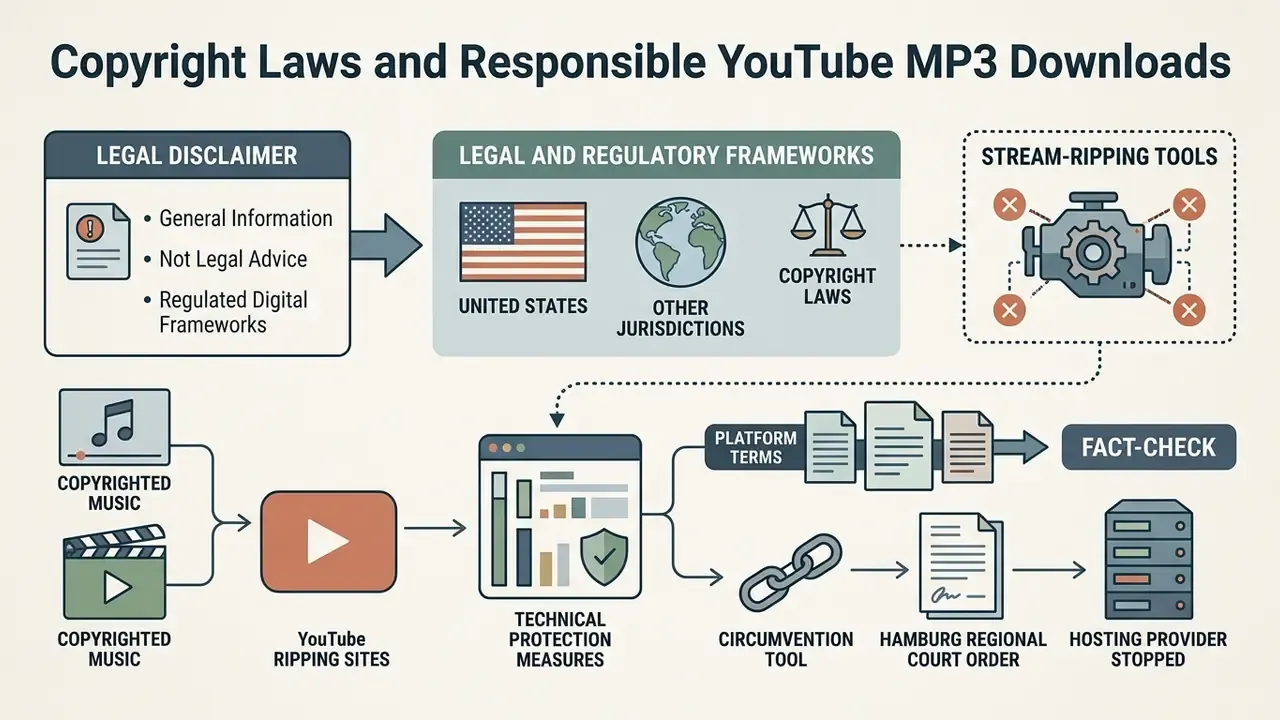 Flowchart detailing legal frameworks, stream-ripping tools, and court orders for YouTube MP3 downloads