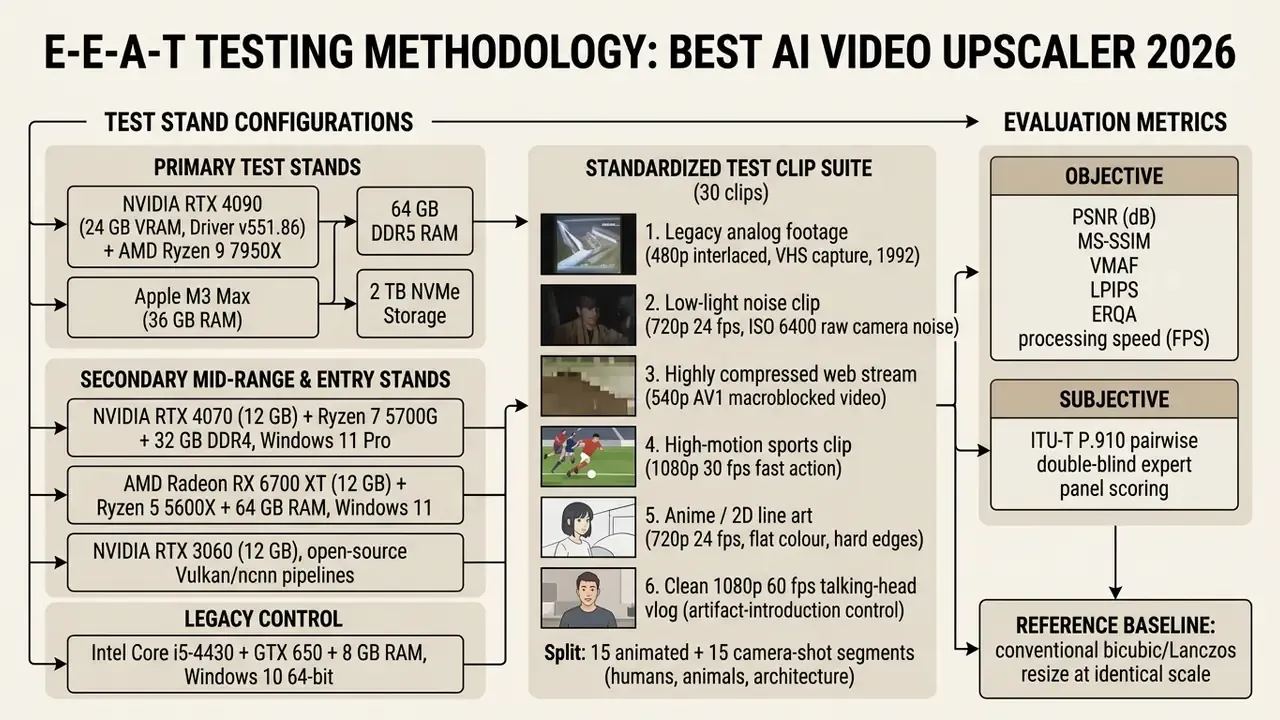 Diagram detailing hardware test stands, video clip suites, and evaluation metrics for AI video upscaling
