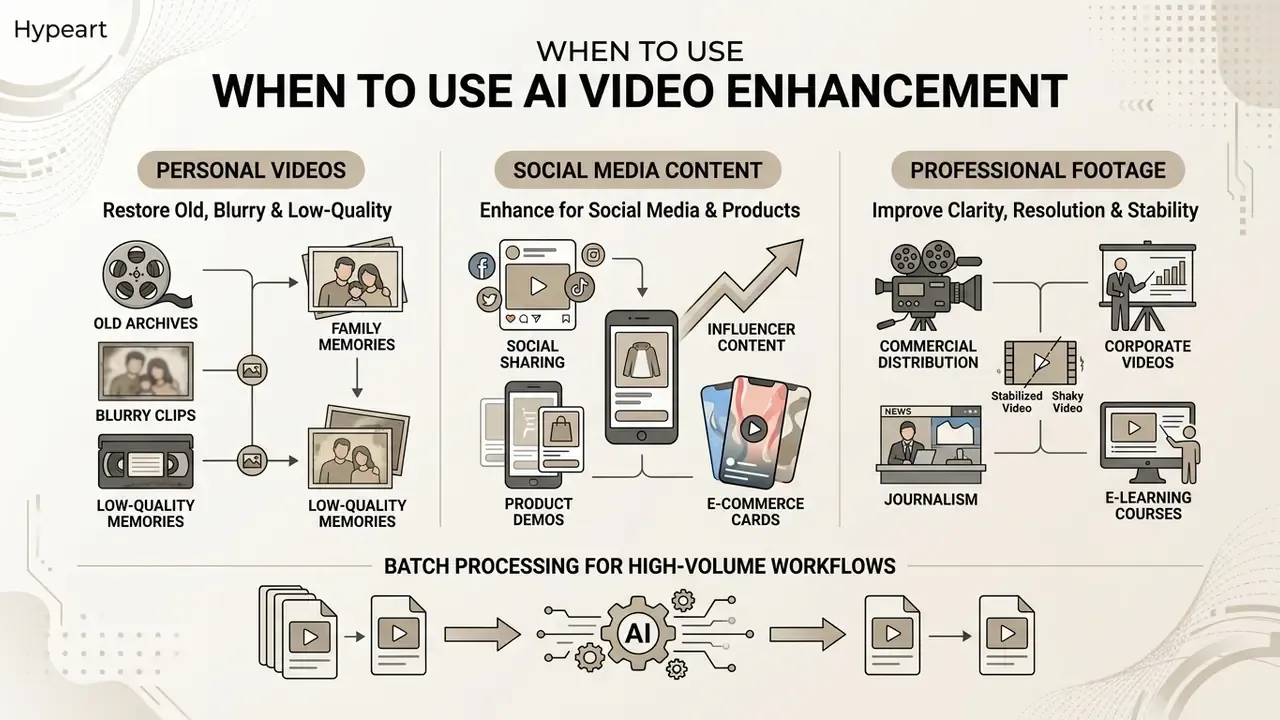 Categorized guide showing use cases for AI video enhancement across personal, social, and professional media