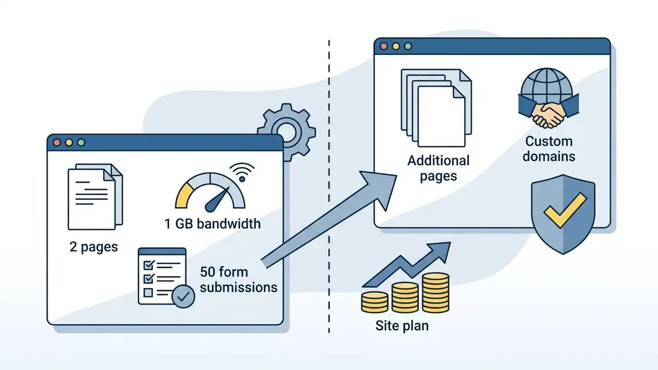 Web browser windows showing free plan limits like page counts and bandwidth upgrading to paid site plan features
