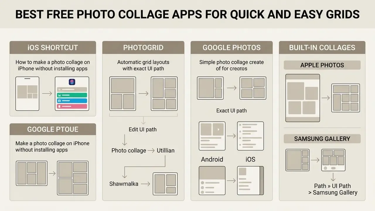 Comparison chart showing UI steps to create photo collages using iOS shortcuts, PhotoGrid, and gallery apps