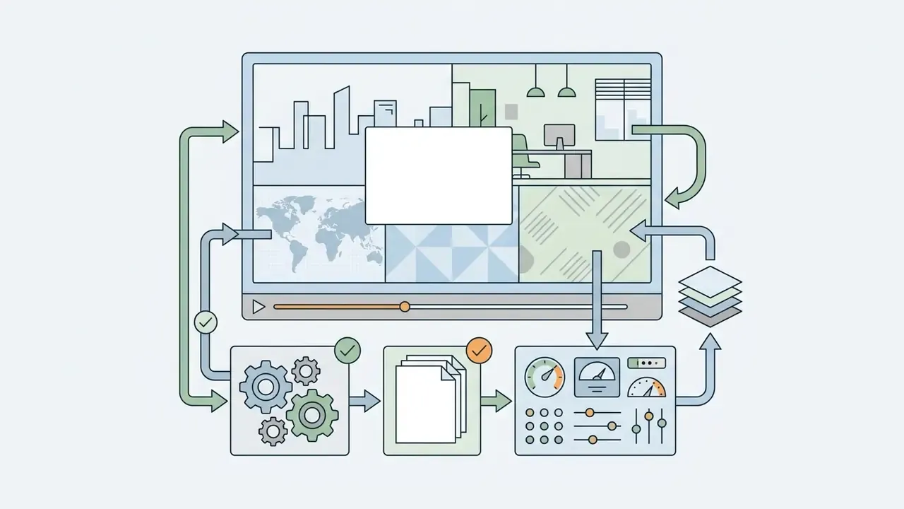 Video player interface showing background scenery options linked to gear, document, and control panel icons