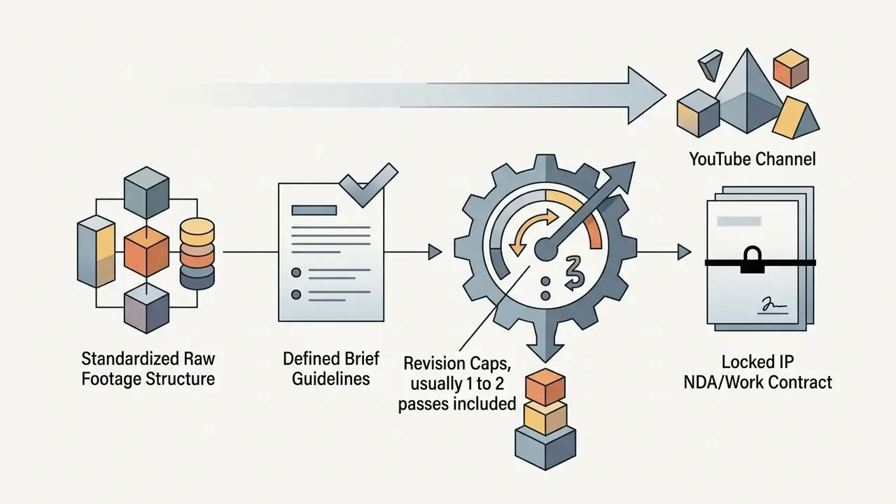 Standardized footage and brief guidelines moving through a revision gear mechanism to a locked contract