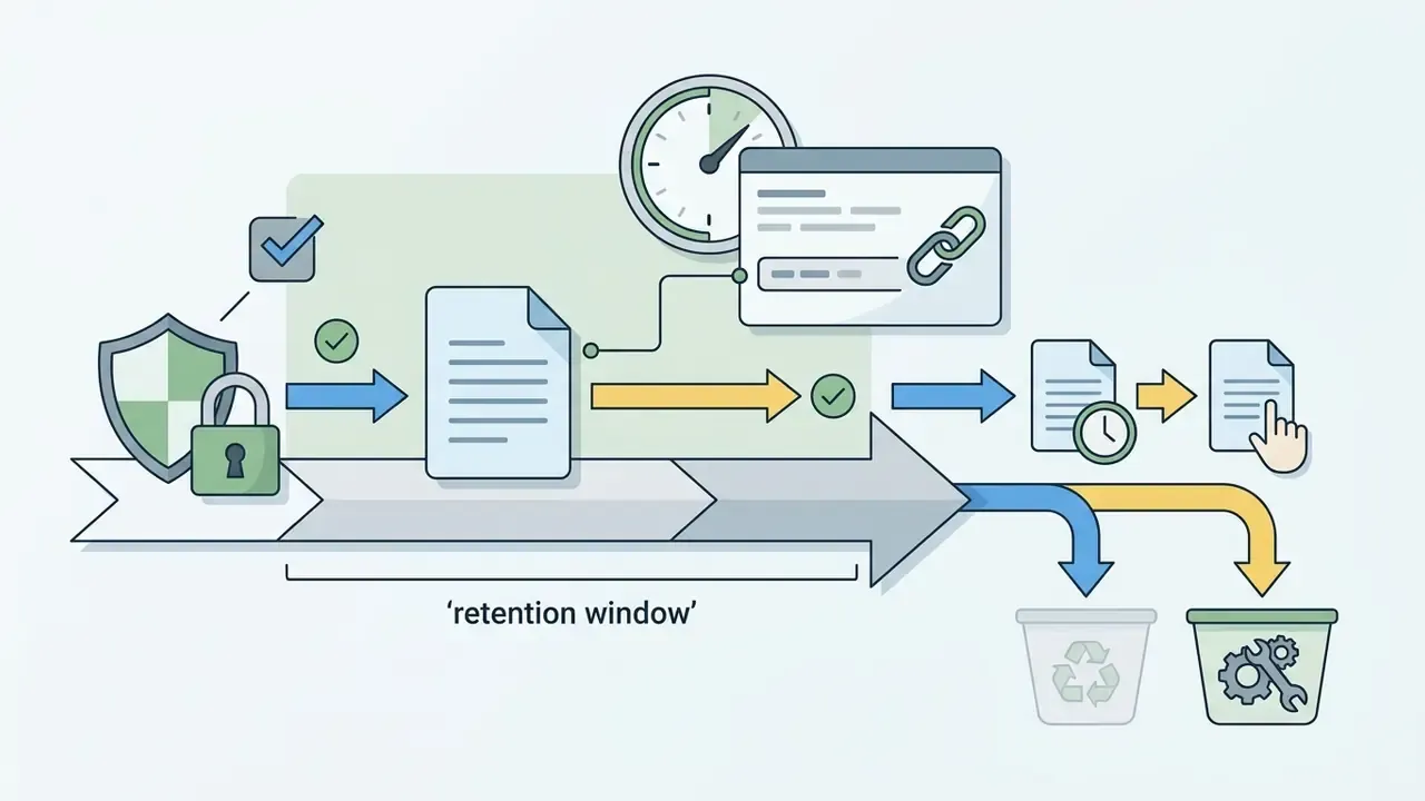 Process showing file storage within a retention window followed by either recycling or deletion
