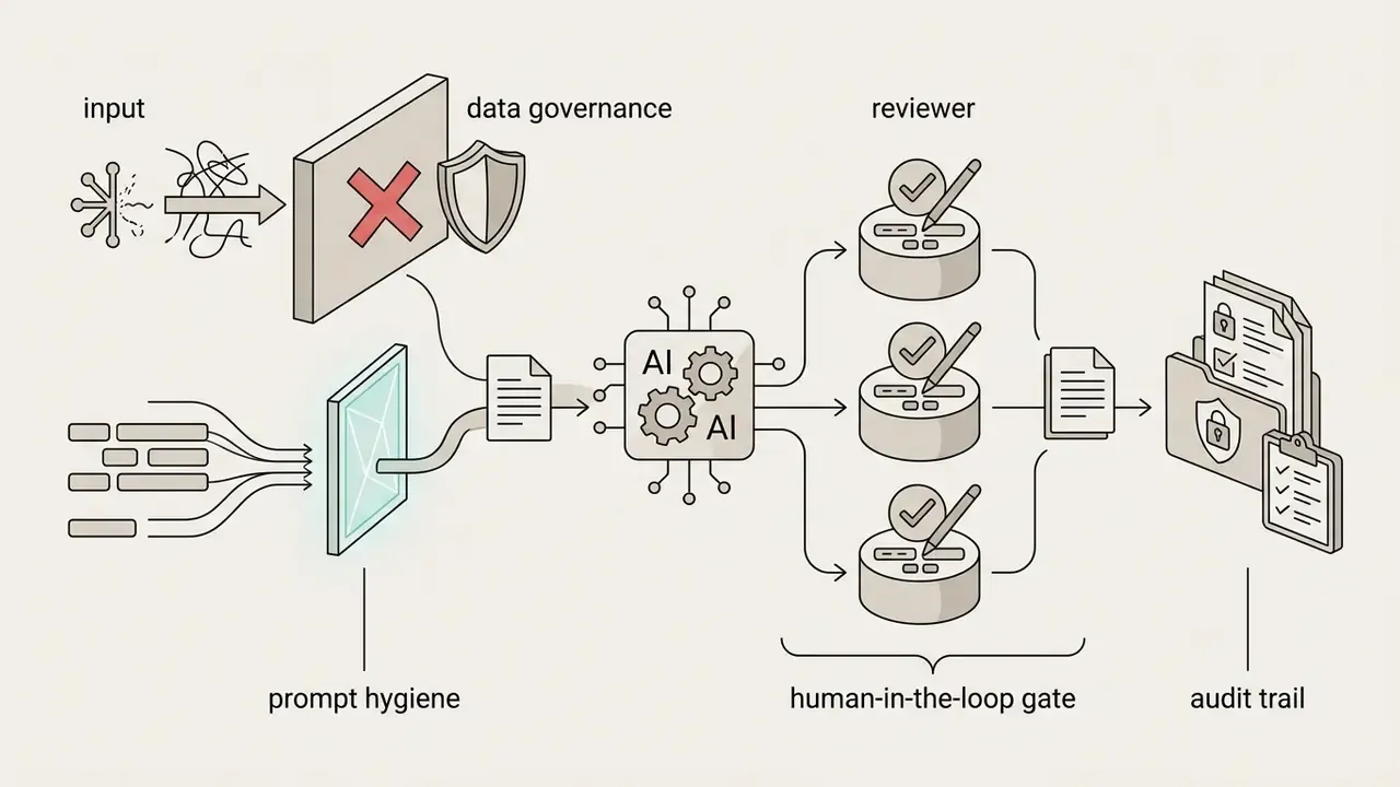 Data inputs passing through hygiene and governance filters to an AI engine for human review and audit storage
