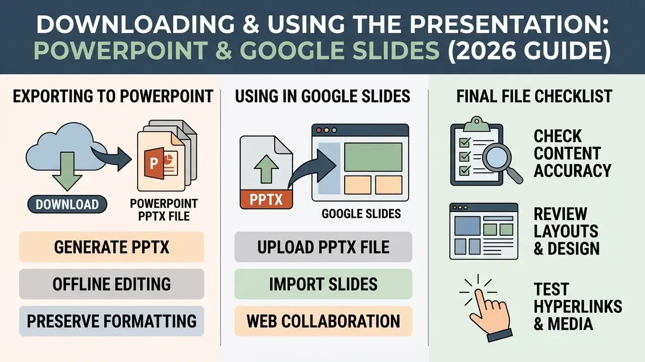 Step-by-step infographic showing how to export, import, and review presentation files for final use
